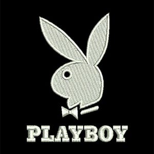 May include: An embroidered white Playboy bunny logo featuring the iconic rabbit head silhouette with a bow tie, positioned above the word PLAYBOY in a bold, serif font, all set against a solid black background.