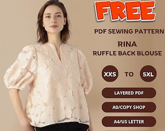 Patrón de costura de blusa Rina: Vestido informal con mangas abullonadas y espalda con volantes para bodas