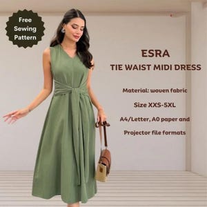 Könnte beinhalten: Olivgrünes ärmelloses Midikleid mit Bindegürtel und V-Ausschnitt. Das Kleid hat einen fließenden Rock. Der Text auf dem Bild lautet "ESRA TIE WAIST MIDI DRESS" und "Free Sewing Pattern". Erhältlich in den Größen XXS-5XL.