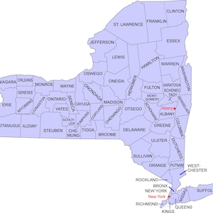 May include: A detailed map of New York State, showing county boundaries and names in a light purple color. Major cities like Albany and New York are marked with red stars, and labeled in red text.