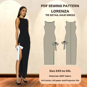 May include: A black maxi dress with a high slit and white tie detail. The image also includes a sewing pattern diagram and text that reads "PDF Sewing Pattern LORENZA TIE DETAIL MAXI DRESS". The pattern is available in sizes XXS to 5XL.