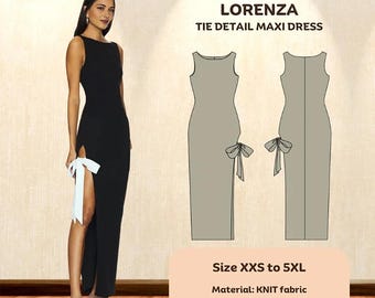 Patrón de costura para vestido largo de punto con detalle de lazo / manga acampanada / estilo gótico / cuello alto / punto / largo