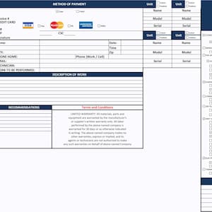 May include: An invoice form in white with blue detailing, including sections for credit card information, customer details, and a checklist. The form has fields for work completed and a total summary.