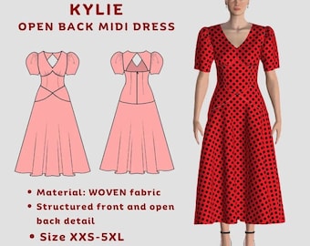 Patrón de costura para vestido midi con espalda abierta, manga acampanada, gótico, cuello alto, tejido de punto, para fiesta y casual.