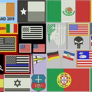 May include: A collection of embroidered patches featuring various flags, including the American flag, Irish flag with "IRELAND 2019", Mexican flag, and others. Some patches display text like "ANTHONY" and "ALESSANDRO".