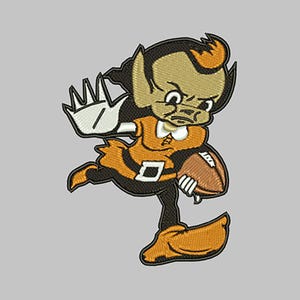 May include: Embroidered patch featuring a cartoon leprechaun-like figure in a football uniform. The figure is primarily orange, brown, and black, holding a football. The patch has a white outline and is set against a gray background.