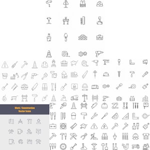 Può includere: Una collezione di icone vettoriali in bianco e nero che raffigurano vari strumenti di costruzione e lavoro, attrezzature di sicurezza, macchinari e materiali, con il testo Work / Construction Vector Icons visualizzato.