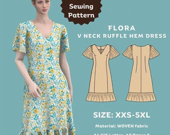 Patrón de costura para vestido Flora / Escote en V con volantes en el bajo / Patrones de vestidos / Vestidos casuales / Vestidos de fiesta