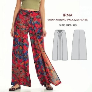 May include: Irma wrap around palazzo pants in a vibrant red, blue, and yellow floral pattern. The pants feature a wide-leg silhouette with a tie-waist detail. Text on the image reads: IRMA WRAP AROUND PALAZZO PANTS SIZE: XXS-5XL, with diagrams.