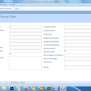 May include: Screenshot of a Microsoft Access database form titled "Design Data." The form includes fields for order details, customer information, and design specifications. The interface is light blue with a white background.