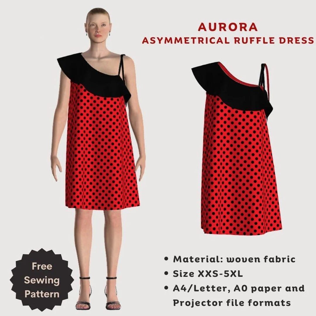 Aurora Asymmetrical Ruffle Dress – Sewing Pattern (PDF) | Dress ...