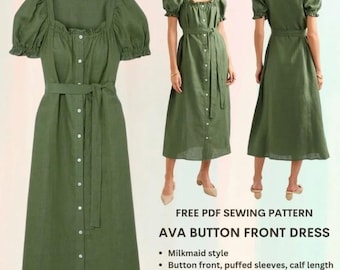 Patrón de costura para vestido de lechera Ava / Botones al frente / Patrones de vestidos / Vestidos casuales / Para fiestas