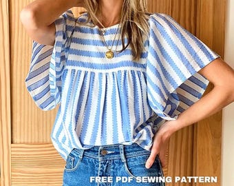 Basalie top met fladdermouwen voor dames, dames, dames; pdf-naaipatroon