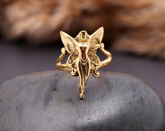 Gold Gothic  Angel Ring,  925 Sterling Silver Statement Ring, Halloween Ring, Christmas Gift, Guardian Faerie Fairy Ring, Fantasy Jewelry