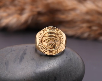 Gold Eye of Horus Signet Ring – Egyptian Symbol Ring, Unisex Spiritual Protection Ring, Eye of Providence Ring, Eye of Ra, Boho Jewelry Gift