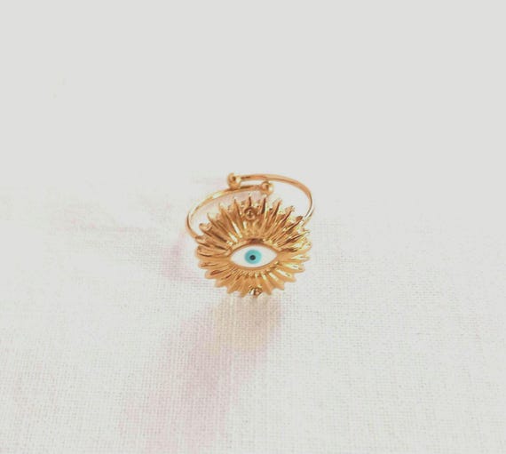 14k Plated Stainless Steel Sun Evil Eye Ring: Adjustable
