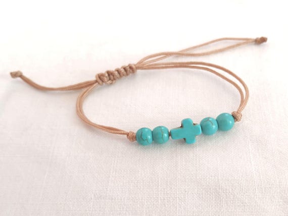 Macrame Cross Bracelet: Petrol Blue Beads. Adjustable.