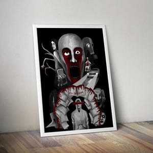 以下が含まれることがあります： 暗くシュールなイラストが描かれた、額入りのアートプリント。 赤いアクセントのある叫び声の顔が特徴で、他の不気味な人物と「CRY OF FEAR」の文字に囲まれています。 全体的なカラーパレットは黒、白、赤です。