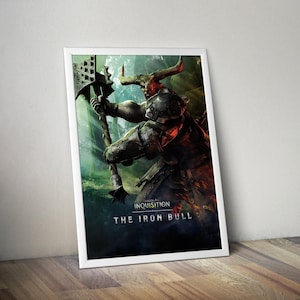 May include: Framed artwork featuring a fantasy warrior with horns, wielding a large axe. The artwork is set against a backdrop of a forest with green and blue hues. The text "INQUISITION THE IRON BULL" is visible at the bottom.