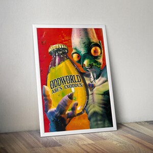 May include: A framed poster featuring a green alien holding a bottle of "ODDWORLD ABE'S EXODDUS" beer. The alien has large orange eyes and a pendant. The background is red with water droplets.