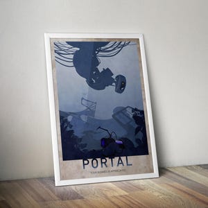 May include: A framed poster featuring a blue and gray graphic design with the word "PORTAL" at the bottom. The image depicts a futuristic scene with a mechanical device and the text "YOUR BUSINESS IS APPRECIATED".