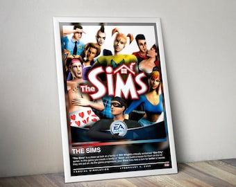 May include: A framed poster for the video game "The Sims" featuring a group of stylized characters. The title is in a large, colorful font with the EA Games logo. The poster is leaning against a wall.