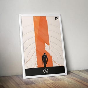 Puede incluir: Póster enmarcado con un diseño minimalista. Presenta una estructura geométrica naranja y una figura silueteada sosteniendo una palanca. El póster tiene un marco blanco y una base negra con un símbolo lambda.