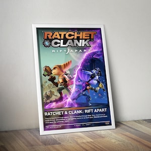 May include: A framed poster for the video game "Ratchet & Clank: Rift Apart." The artwork features the game's characters in action, set against a vibrant purple and blue cosmic background. The game's title is prominently displayed at the top.
