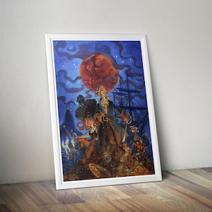 May include: A framed art print with a pirate illustration. The artwork shows a group of pirates with a ship in the background, under a red moon and a starry night sky. The pirates are dressed in period clothing and holding swords.