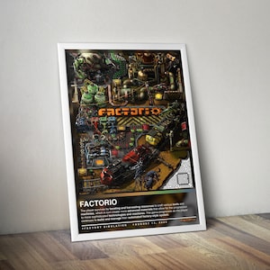 Puede incluir: Un póster enmarcado con el juego "Factorio". La obra de arte representa una escena industrial compleja con trenes, maquinaria y un sistema de tipo fábrica. El póster incluye el título del juego y una breve descripción. La fecha "14 de agosto de 2020" también es visible.