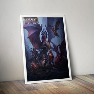以下が含まれることがあります： 「Heroes III HD Edition」のゲームアートが描かれた額入りのポスター。 ドラゴン、神話上の生き物、戦士が暗く洞窟のような場所に描かれています。 ポスターは白いフレームに入っています。