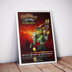 May include: A framed poster for the video game "Ratchet & Clank: Up Your Arsenal." The artwork features the game's characters against a red and orange background. The poster includes the game's title and a brief description.