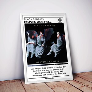 May include: Framed poster for Black Sabbath's "Heaven and Hell" album. The artwork features three figures with angel wings in flowing robes. The poster includes the album title, band name, and a tracklist with song durations. The poster is displayed on a wooden surface.