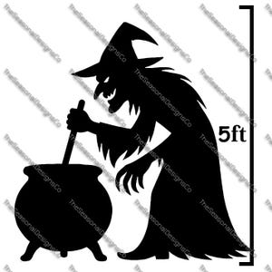 May include: A black silhouette of a witch stirring a cauldron, with a 5-foot height indicator. The witch is wearing a pointed hat and long robes. The cauldron has three legs. The text "TheSeasonalDesignsCo" is repeated around the image.