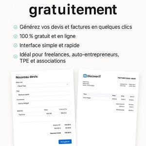 Puede incluir: Una captura de pantalla de una página web con el texto «Cree sus presupuestos y facturas gratis». La página muestra un formulario para crear facturas y presupuestos, con el logotipo de DiscoverIT y el texto «Herramienta en línea DiscoverIT».