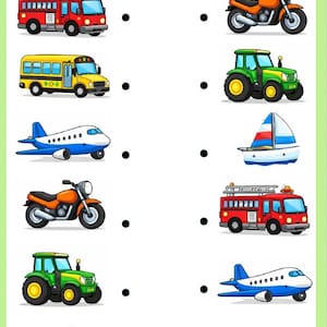 Può includere: Un colorato foglio di lavoro educativo intitolato "Match the Vehicles" con illustrazioni di un camion dei pompieri, un autobus scolastico, un aereo, una moto, un trattore e una barca a vela. Il foglio di lavoro è per imparare i veicoli.