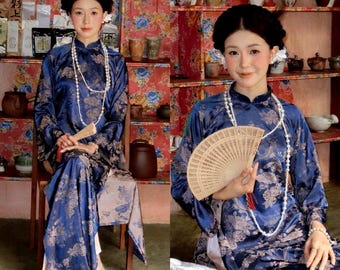 Vestido moderno ao dai vietnamita prefabricado, áo dài trúc xuân, ao dai vietnamita de manga larga, patrón impreso de tela de seda brocada para Año Nuevo