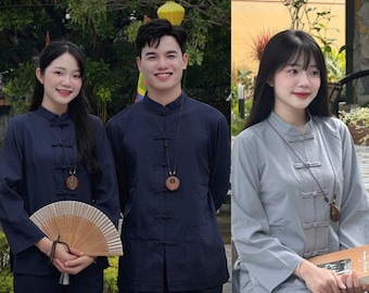 Kant-en-klare, boeddhistische tempeloutfitset voor heren, dames, zachte zijdemix traditioneel gewaadknoop, een damesset of een herenset