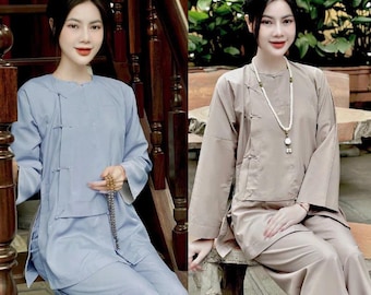 Kant-en-klare tempelkledingset voor dames, boeddhistische tempeloutfit - traditionele 'Do Lam'-set met comfortabele dikke zachte stof voor pagodebezoeken