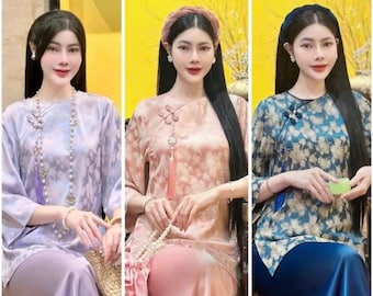 Vorgefertigte, Ao ba ba, Damen Tempel Kleidung Set, elegantes gesticktes Outfit aus Leinenmischung mit dekorativen Steinknöpfen