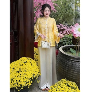 Kant-en-klare, moderne Vietnamese tempeloutfit voor dames, tencel-zijdeglansset met bijpassende zijden broek, bescheiden spirituele slijtage 3