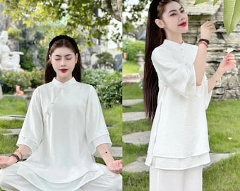 Buddhistischer Tempel-Outfit für Frauen, traditionelles afghanisches buddhistisches Meditations-Outfit - weiße lange Robe in dickem, glattem Leinen