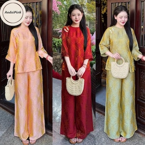 Pre-made, Ao ba ba, Modern Silk Ao Dai Set with Shimmer Fabric, Round Neck Bow, Vietnamese Traditional Dress, pháp phục cổ tròn phối nơ