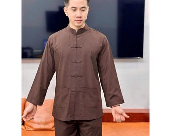 Kant-en-klare boeddhistische tempeloutfit heren, boeddhistische tempeloutfit heren - traditioneel gewaad met lange mouwen, bescheiden meditatiekleding