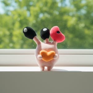 May include: A plush creature with three head-like appendages, two black with white dots and one red. The creature is light pink and holds an orange heart. The background is a blurred view of green foliage.