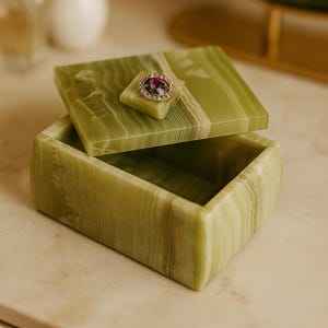 Może przedstawiać: Prostokątne, zielone pudełko z onyksu z pokrywką, ozdobione dekoracyjnym kamieniem szlachetnym. Pudełko jest otwarte, odsłaniając wnętrze. Pokrywka ma kwadratowy kamień szlachetny ze złotą oprawą. Pudełko stoi na jasnej powierzchni.