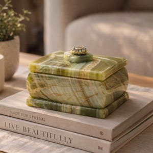 Green Onyx Decorative Box: Jeweled Gold Knob, Mid Century Modern Decor