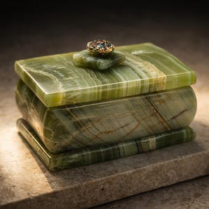 May include: A green onyx box with a rectangular shape and rounded edges. The lid is topped with a small, square-shaped piece and a gold-colored knob adorned with colorful gemstones. The box is displayed on a stone surface.
