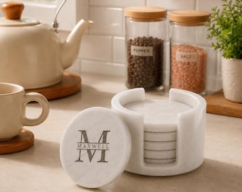 Personalized Marble Coaster Set with Holder, Set of 6 Custom Stone Coasters Kitchen Accessories Wedding Gift & New Home Gift