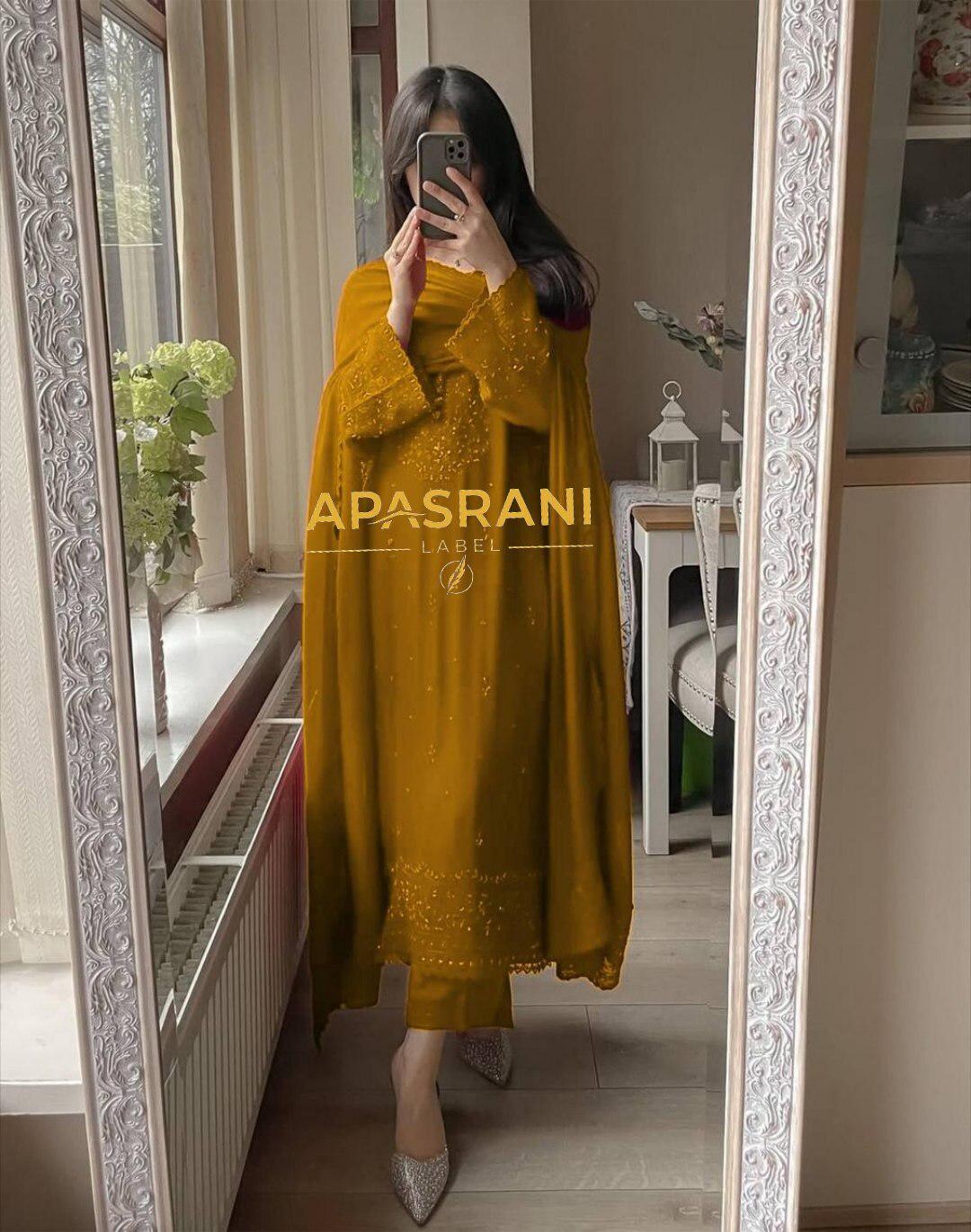 Mustard Yellow Maslin Embroidered Kurti Set with Dupatta – Elegant 3-Piece Ethnic Wear for Women